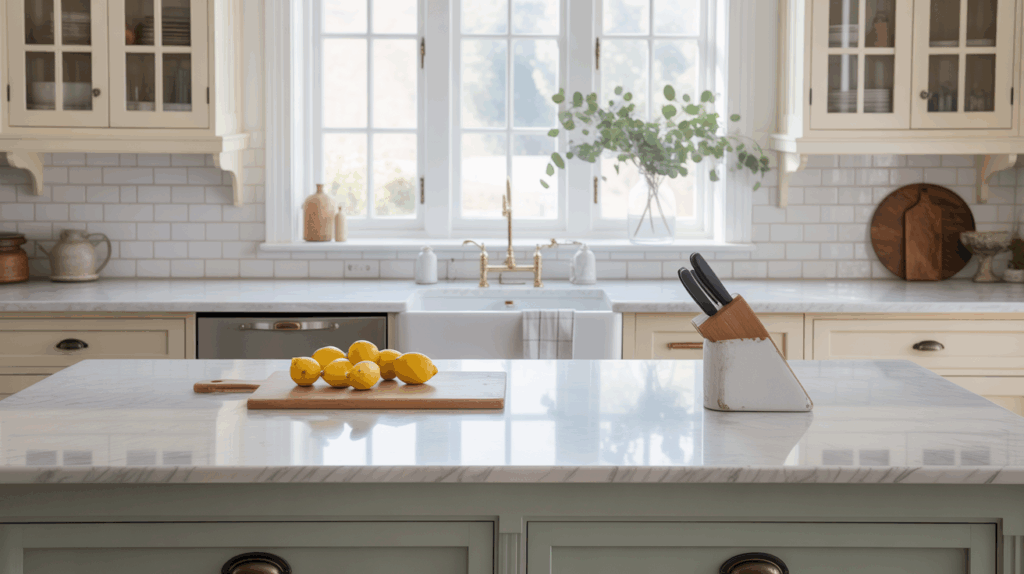 Farmhouse kitchen featuring a neutral palette of whites, creams, and muted grays, complemented by accents of muted blue and sage green. Subtle color adds warmth and personality to the timeless design.