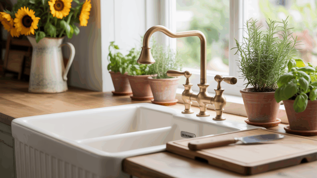 Farmhouse kitchen windowsill lined with clay pots filled with fresh herbs like mint and basil, adding life and warmth to the space. Rustic planters and a mix of hardy plants introduce natural elements, softening the kitchen's white and wood tones