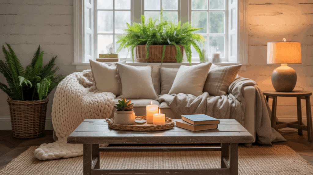 A bright, inviting farmhouse living room styled with cozy home decor, photographed in natural daylight. The room includes a soft neutral sofa with chunky knit throws and linen pillows, a jute rug over wood flooring, warm ambient lighting from a ceramic table lamp, and greenery in a woven basket by the window. A rustic coffee table holds a lit candle, stacked books, and a small plant. The overall mood is calm, warm, and welcoming, styled for cozy living room decor inspiration. Clean composition with space at the top for blog title text overlay: “11 Cozy Home Decor Ideas for a Warm Space”. Optimized for a wide horizontal blog header.