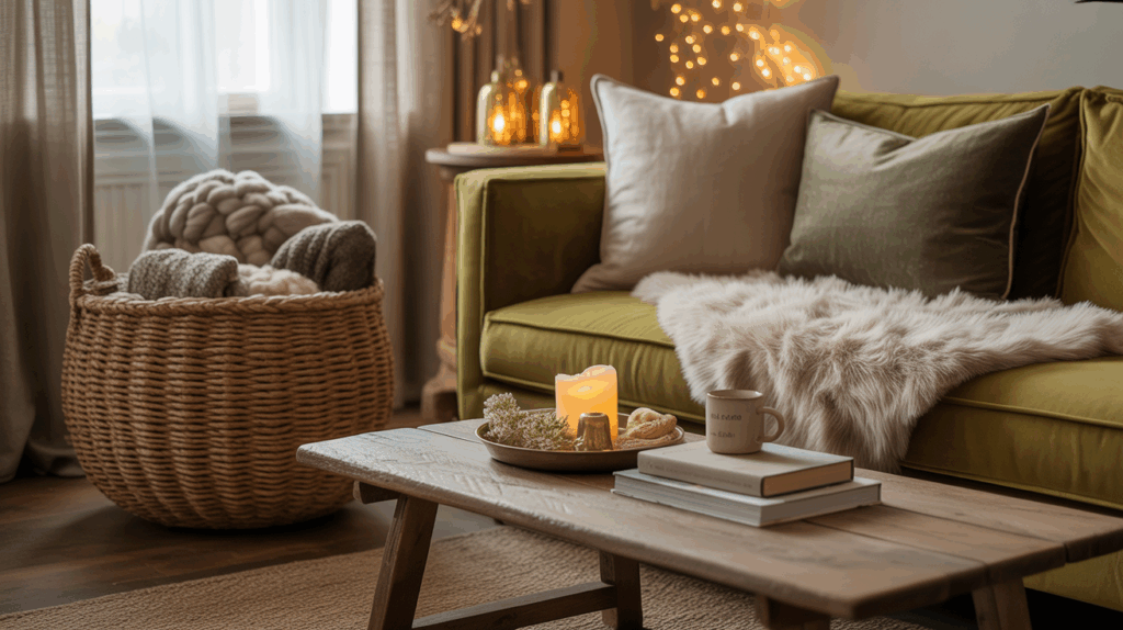 Inviting green couch adorned with soft, layered textiles creating a cozy and warm ambiance. Perfect for cozy home decor enthusiasts, featuring plush cushions and a textured throw, embodying relaxation and comfort in a welcoming living room setting.
