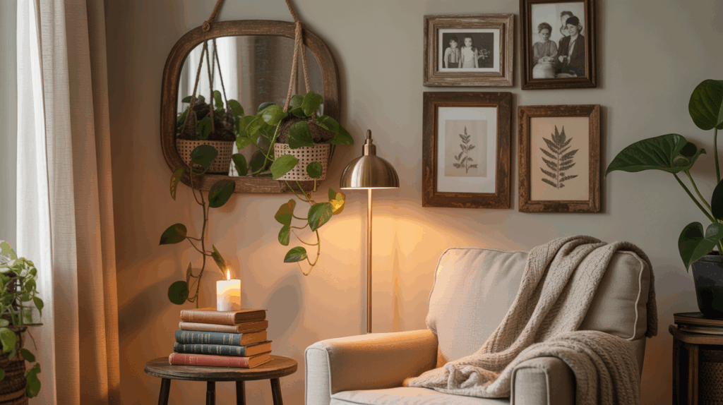 Cozy living room bathed in warm light featuring thrifted farmhouse decor, including rustic wood accents and vintage-inspired furnishings, creating an inviting and serene atmosphere