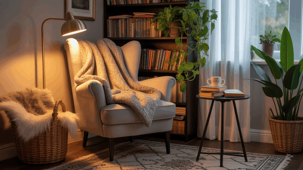 Cozy reading corner with inviting armchair, adorned with a layered throw blanket and plush pillow, perfect for creating a warm and comfortable nook in any living room.