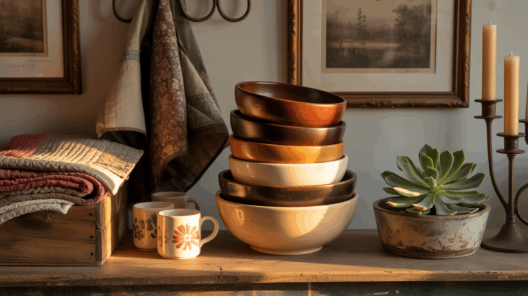 Rustic living room with vintage wooden bowls and cutting boards displayed on open shelves, adding warmth and charm
