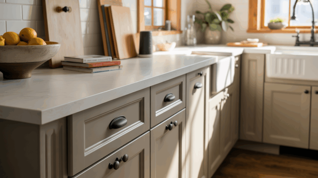 Farmhouse kitchen featuring black cup pulls and brass knobs, showcasing how statement hardware can transform cabinetry with a touch of elegance and style.