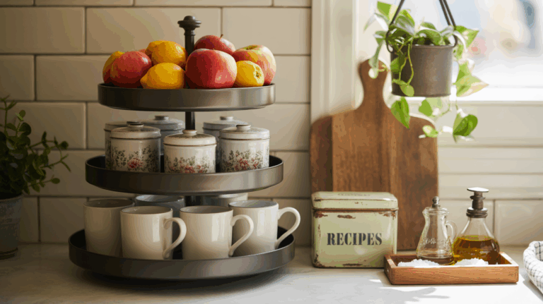 Cozy farmhouse kitchen with an arrangement of thrifted organizers like sturdy woven baskets and vintage stoneware crocks enhancing counter storage and aesthetic charm
