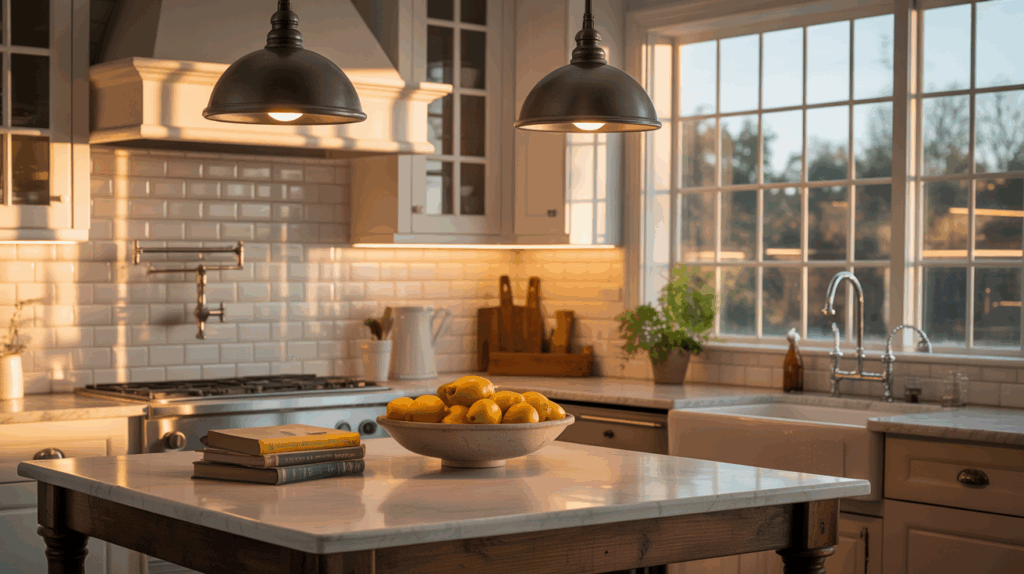 Farmhouse kitchen with vintage-style pendant lights casting a warm, inviting glow. The lighting features matte black and bronze accents, complementing the rustic decor and enhancing the cozy, welcoming atmosphere.