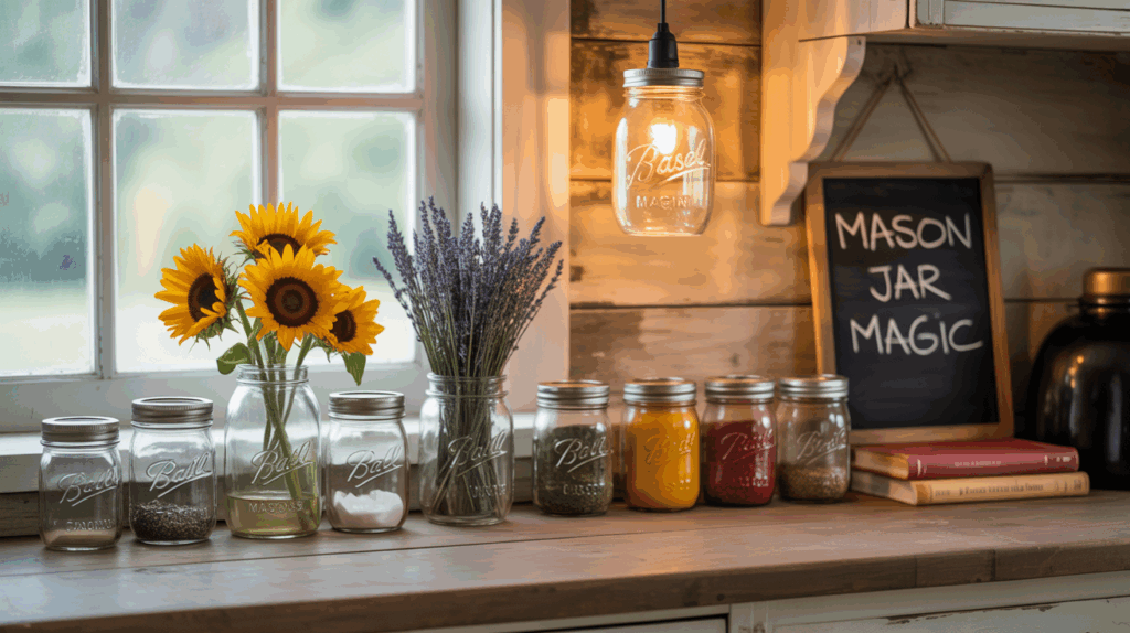 Farmhouse kitchen showcasing mason jars used as flower vases and pantry storage, adding old-fashioned charm and practicality. Mason jar pendant lights hang from above, combining DIY aesthetics with homely, functional decor.