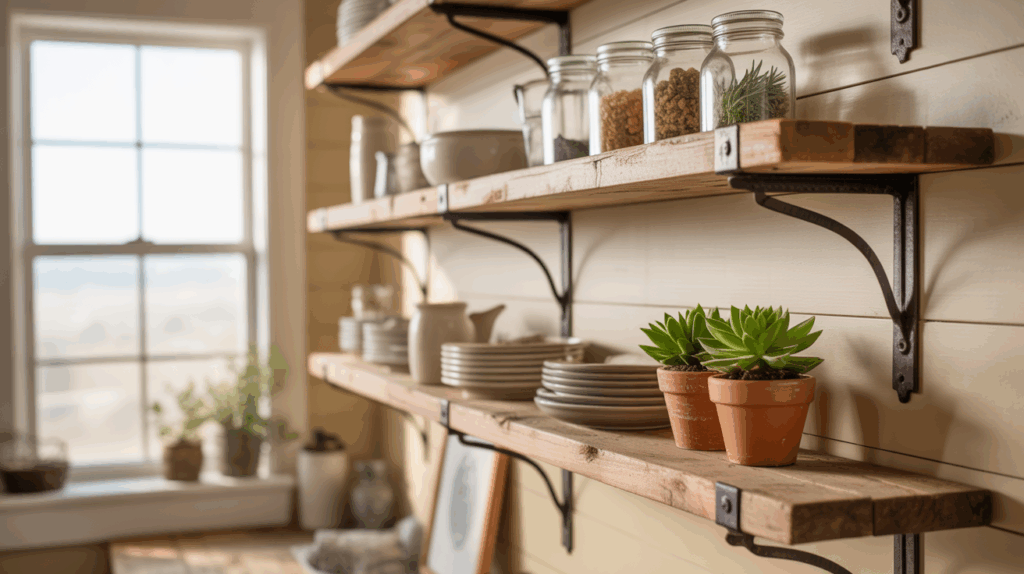 Farmhouse kitchen featuring open shelving with neatly organized plates, glass jars, and small potted plants. Reclaimed wood shelves with metal brackets create a rustic, airy feel, combining practicality with a warm, inviting aesthetic.