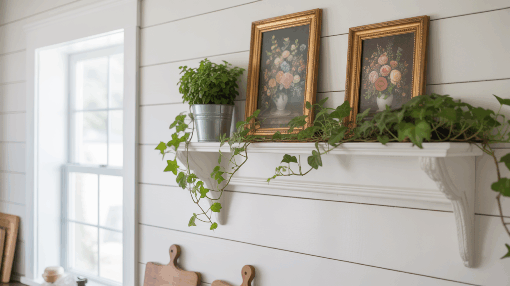 Farmhouse kitchen featuring a shiplap accent wall, adding classic texture and warmth to the space. The crisp, clean lines of the shiplap enhance the kitchen's rustic charm without adding clutter
