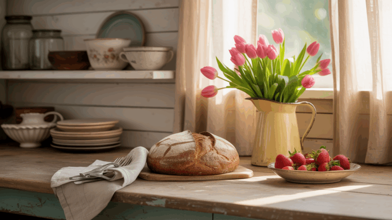 delicate petals and fresh green stems, adding a pop of color and elegance to a rustic farmhouse setting