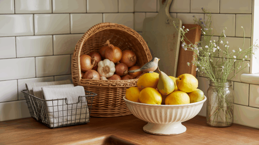 Vibrant bowl of fresh lemons adding a pop of color to a cozy farmhouse kitchen counter, enhancing the aesthetic with natural and cheerful decor