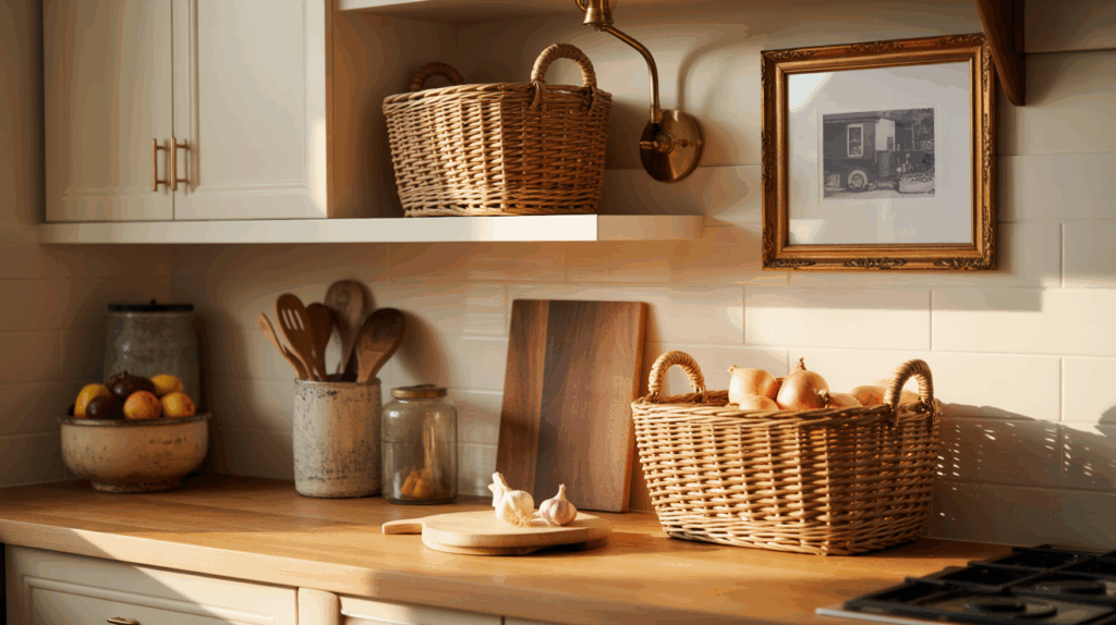 Cozy farmhouse kitchen with a woven market basket used for storing produce, adding rustic charm and organization to small kitchen counters