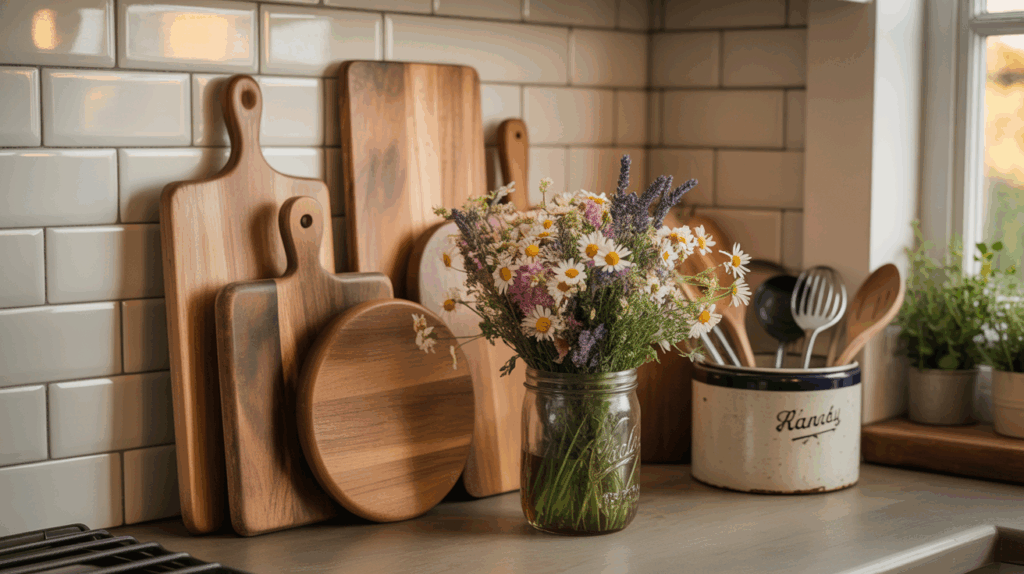 Neatly arranged wood cutting boards serve as stylish dividers for trays and baking sheets, adding farmhouse flair to kitchen counters.