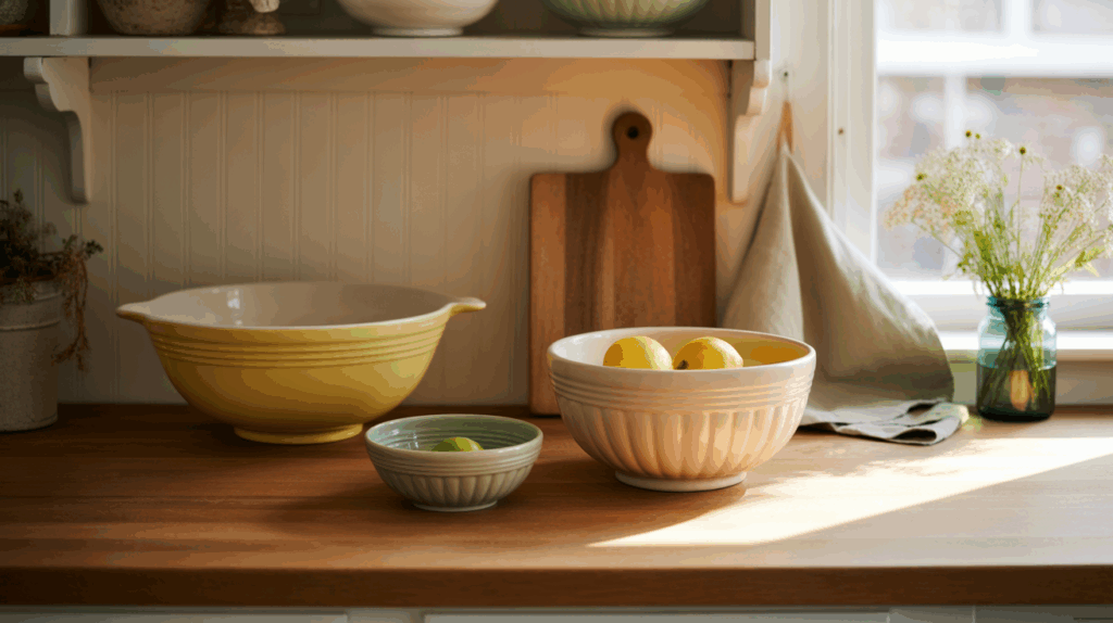 Stacked vintage mixing bowls offering practical and decorative kitchen storage, perfect for holding fruit or folded dish towels for small cozy kitchen