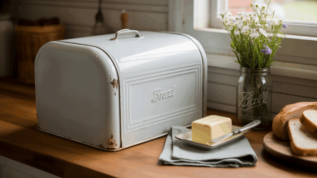 Charming vintage bread box keeping counters clutter-free, offering practical storage for bread bags in a small kitchen setup