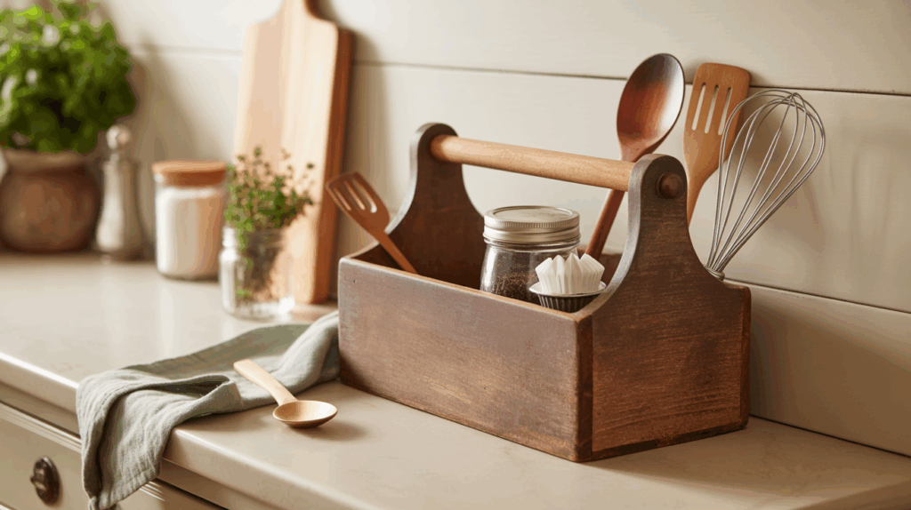 Wooden tool caddy organizing coffee fixings, offering a cute and practical solution for small kitchen space management.