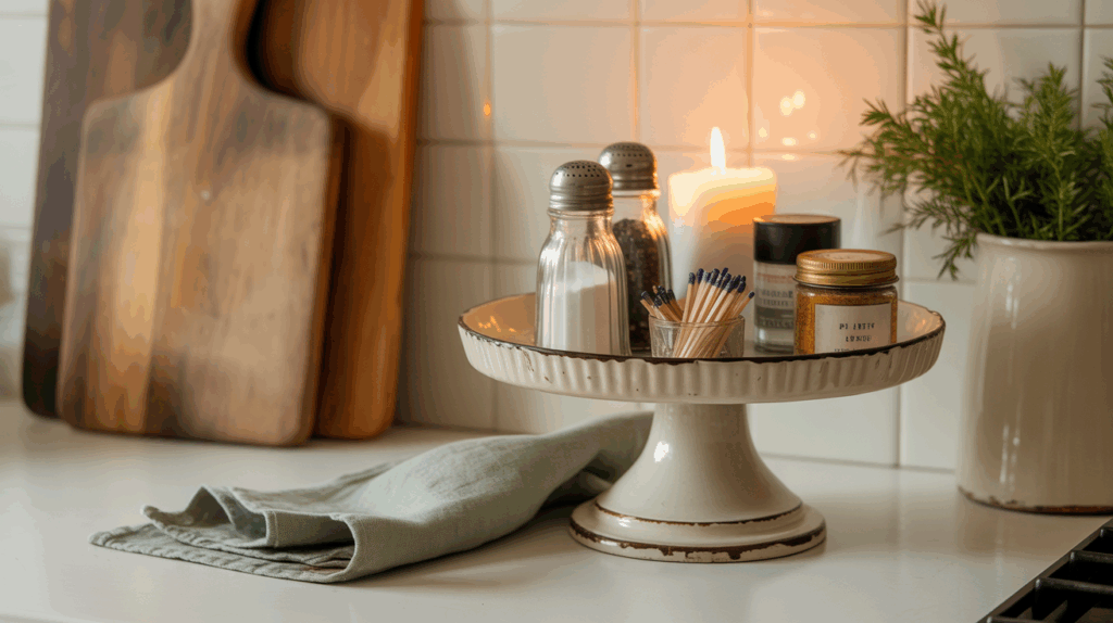 Charming small cake stand in a cozy farmhouse kitchen, perfect for displaying soaps by the sink or creating a stylish vignette with candles on the countertop