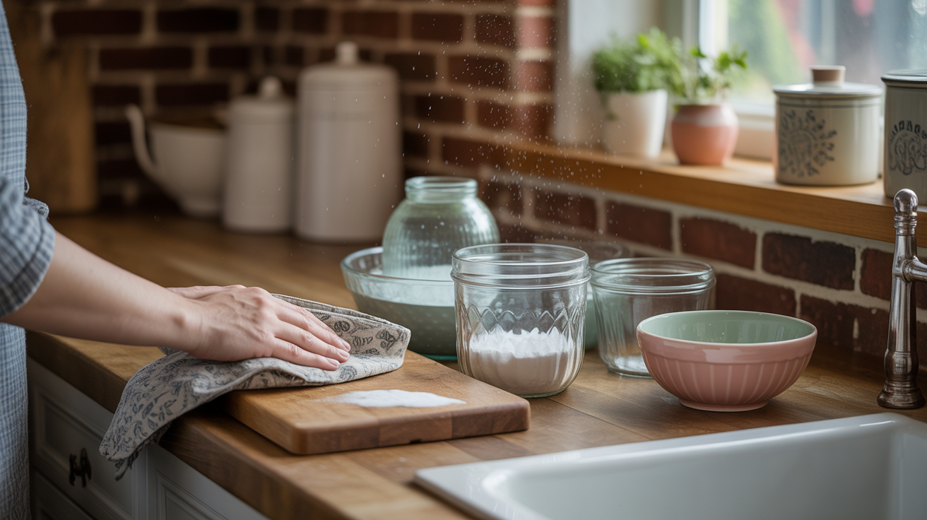 Clean and tidy rustic farmhouse kitchen featuring thrifted vintage decor, cozy wooden accents, and efficient organization for practical homemaking
