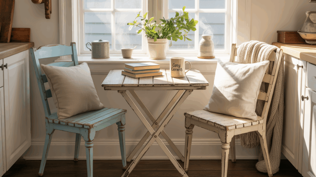 nviting corner of a farmhouse-style home featuring a plush armchair, rustic wooden accents, and soft ambient lighting, creating a cozy and serene atmosphere