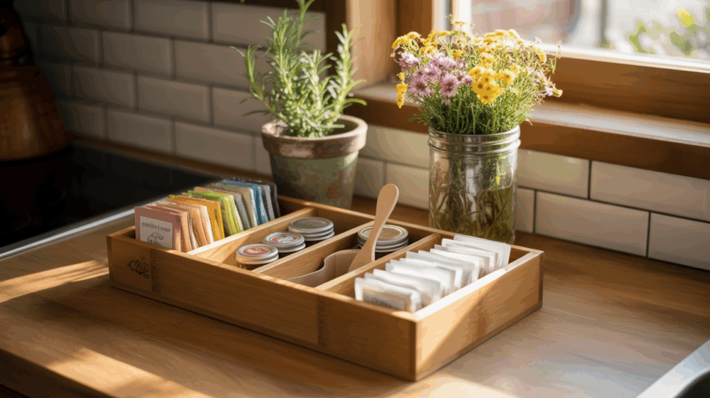 Repurposed wooden drawer organizer on farmhouse kitchen counter, neatly storing spice jars and tea bags, enhancing small kitchen organization with rustic charm.