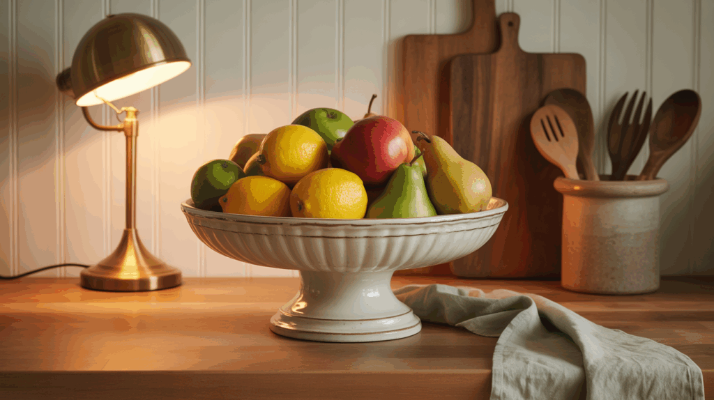 Elegant ceramic footed fruit bowl filled with lemons, enhancing small kitchen decor while providing colorful countertop storage