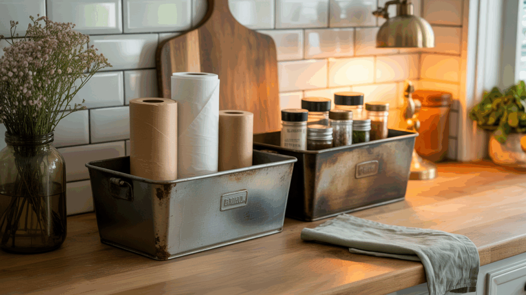 Repurposed vintage bread pans line the backsplash, corralling kitchen essentials such as spices and oils in a neat manner