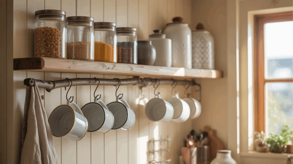 Farmhouse kitchen showcasing functional yet beautiful storage solutions with mugs hanging on hooks under shelves and glass canisters storing dry goods, blending practicality with a cozy, inviting aesthetic