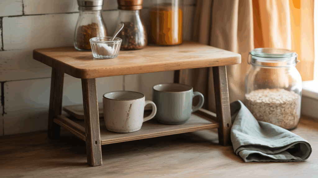 Sturdy wood riser elevating small kitchen decor, providing stable and aesthetic space for organizing spices and kitchen essentials