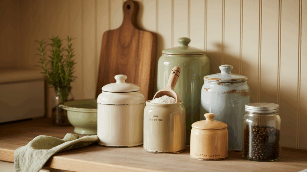 Set of vintage canisters with charming mismatched designs, ideal for storing coffee, tea bags, or sugar packets, adding personality to a cozy farmhouse small kitchen
