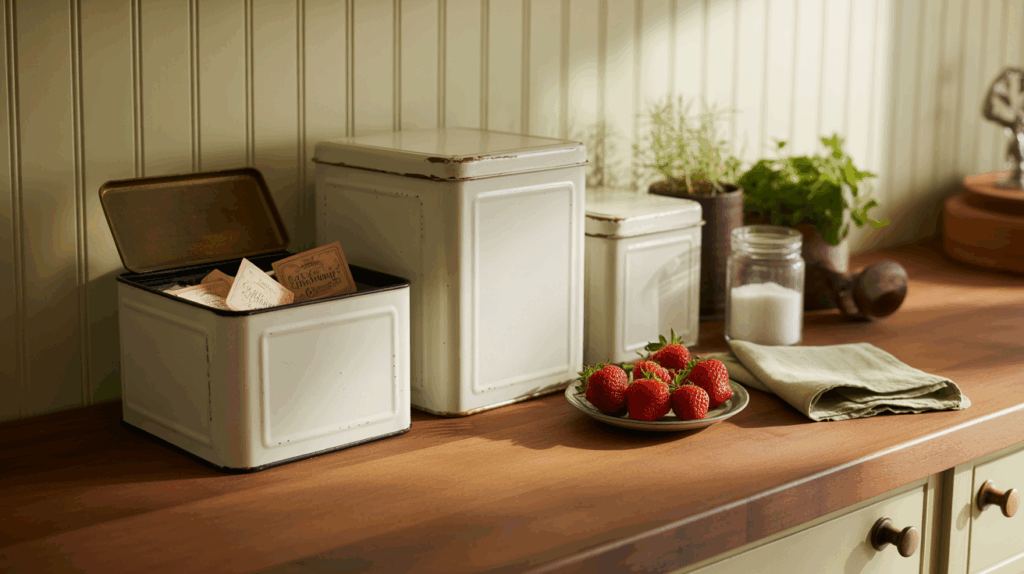 Classic white enamel tins with black rims, aligned for storing tea bags and spice packets, embodying vintage farmhouse kitchen style