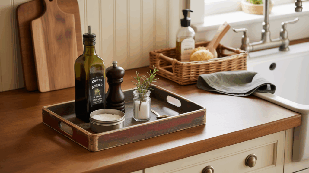 Farmhouse kitchen wooden tray organizing olive oil, salt jar, and pepper grinder, creating a tidy and aesthetic vignette that reduces countertop clutter.