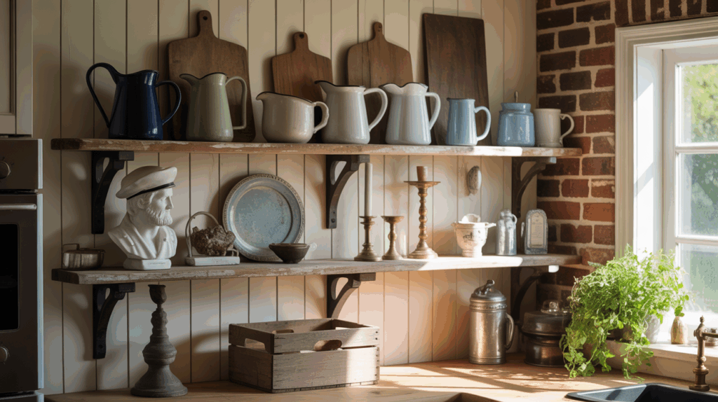 Farmhouse kitchen showcasing shelves styled with vintage finds including an enamel pitcher and weathered cutting board, adding character and history to the decor with pieces that tell a story."