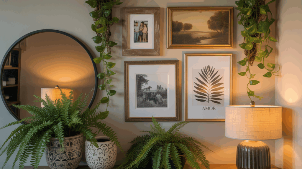 Elegant round mirror with rustic wood frame, reflecting cozy living room light to enhance warmth and create a spacious feel, perfect for cozy home decor.