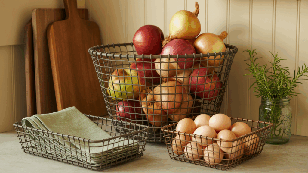 Decorative wire baskets filled with dishcloths and fruit, providing stylish and functional storage in a cozy farmhouse-style small kitchen