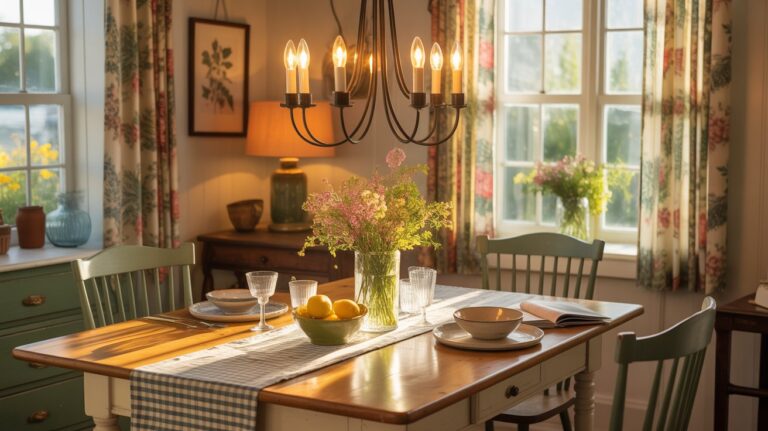 Colorful cottage farmhouse dining nook in late afternoon sunlight with a glowing wrought-iron chandelier above a pine table, gingham table runner, wildflowers, and vintage chairs in cheerful tones. Warm light blends natural sun and farmhouse glow, creating a cozy, lived-in charm.