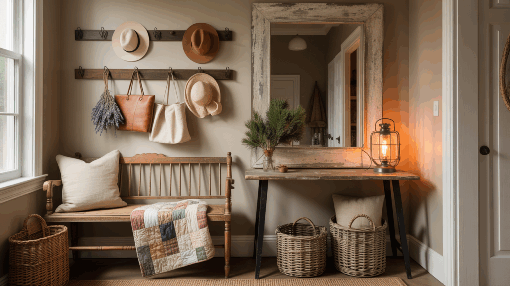 Styled small entryway featuring thrifted farmhouse decor, including vintage wooden crates, a rustic mirror, and a cozy woven rug, creating an inviting and functional entrance