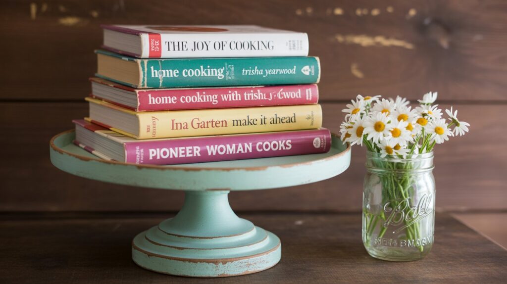 A collection of vintage cookbooks elegantly displayed on a Farmhouse Cake Stand, set against a cottage kitchen backdrop, evoking rustic charm and farmhouse appeal.