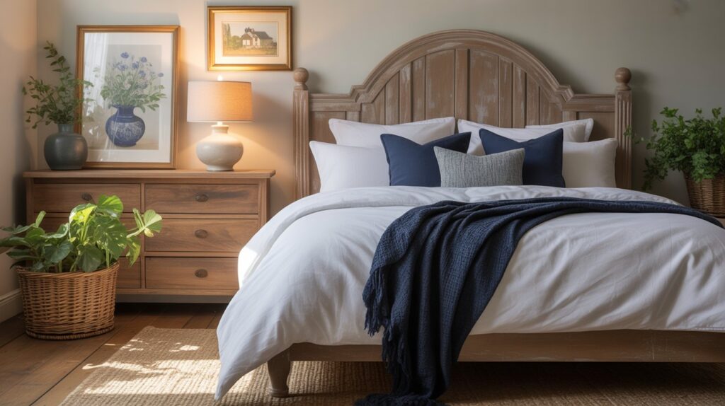 Cozy blue farmhouse bedroom with layered bedding and rustic decor."