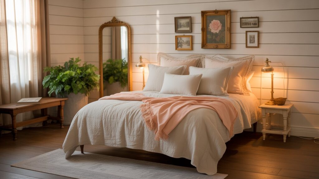 A cozy farmhouse bedroom retreat featuring a vintage wooden bed adorned with layered quilts in neutral tones and a chunky knit throw. The room is accented with mismatched nightstands unified by chalk paint, a rustic bench, and a vintage trunk at the foot. Soft natural light streams through linen curtains, complemented by a touch of greenery with a potted plant on a nightstand. The space reflects a mix of rustic and modern farmhouse elements with soft neutrals, wooden textures, and vintage decor, offering a welcoming and serene ambiance.