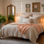 A cozy farmhouse bedroom retreat featuring a vintage wooden bed adorned with layered quilts in neutral tones and a chunky knit throw. The room is accented with mismatched nightstands unified by chalk paint, a rustic bench, and a vintage trunk at the foot. Soft natural light streams through linen curtains, complemented by a touch of greenery with a potted plant on a nightstand. The space reflects a mix of rustic and modern farmhouse elements with soft neutrals, wooden textures, and vintage decor, offering a welcoming and serene ambiance.
