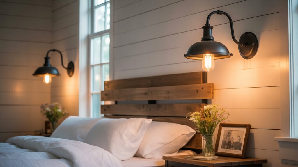 Farmhouse lighting featuring rustic chandeliers with wood and iron details, casting a warm, inviting glow