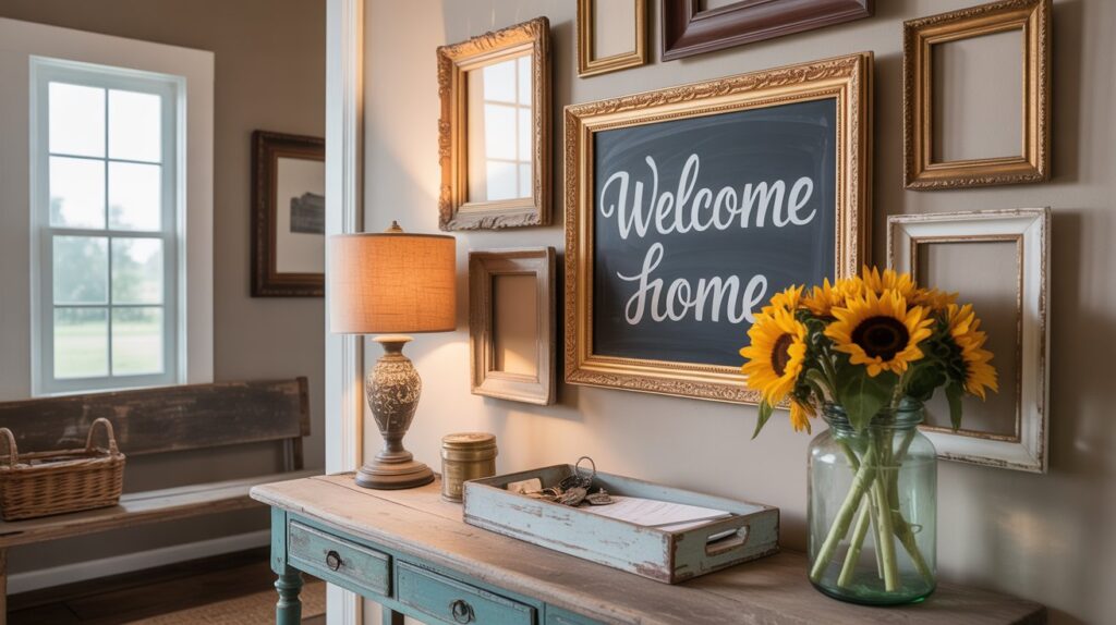 Farmhouse entryway featuring a gallery-style arrangement of thrifted frames. Ornate, chunky wood, and weathered frames add rustic charm. Seasonal art includes vintage postcards and pressed leaves, creating a cozy, inviting atmosphere.