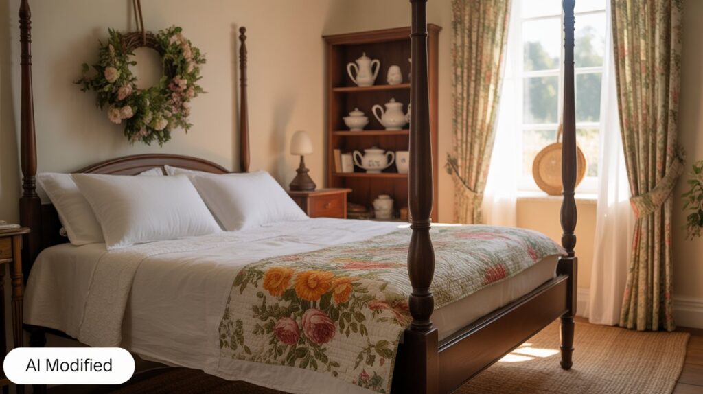 Yellow rose quilt on a rustic farmhouse bed, highlighting cozy textures and vibrant floral patterns."