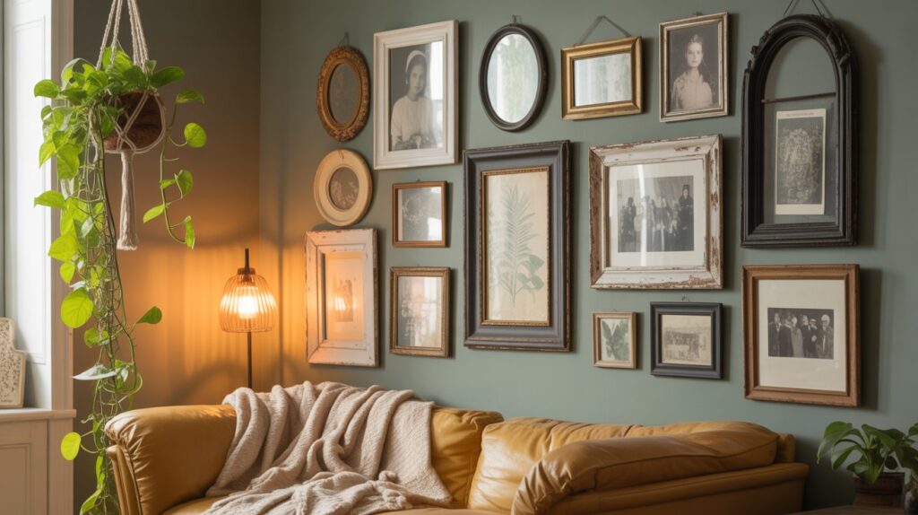 DIY rustic gallery wall showing how to arrange a thrifted collection with varied textures and wood tones, creating a warm, personalized display that feels collected over time.