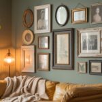 DIY rustic gallery wall showing how to arrange a thrifted collection with varied textures and wood tones, creating a warm, personalized display that feels collected over time.