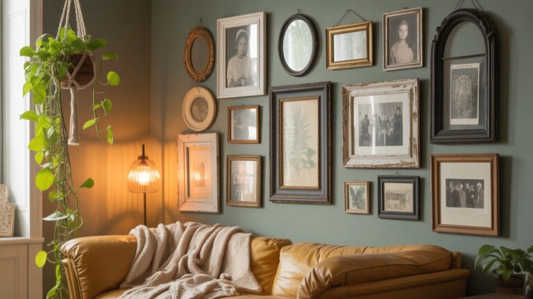DIY rustic gallery wall showing how to arrange a thrifted collection with varied textures and wood tones, creating a warm, personalized display that feels collected over time.