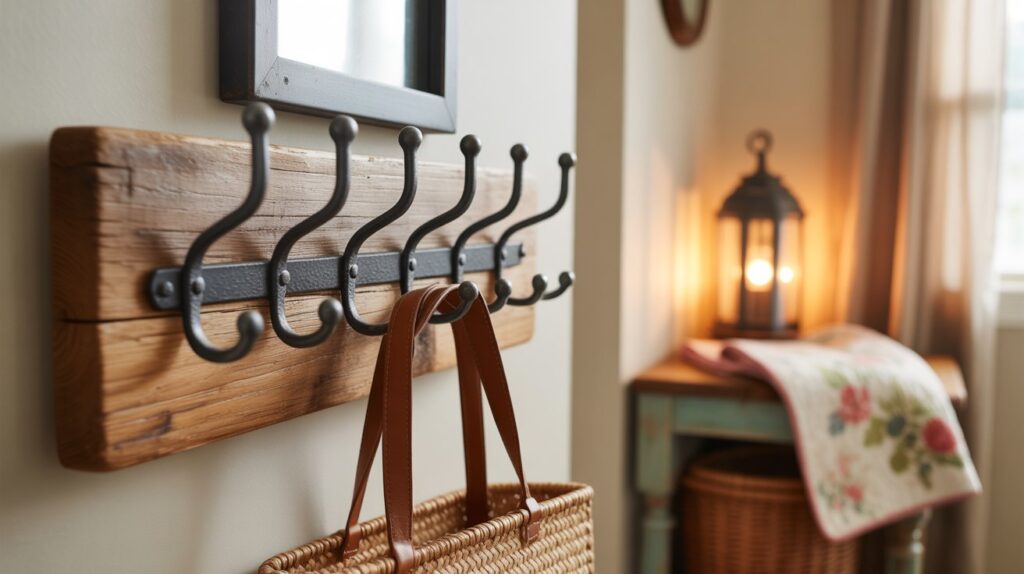 Farmhouse entryway featuring rustic iron hooks on a wooden wall, used for hanging coats and accessories, adding functionality and vintage charm to the space.