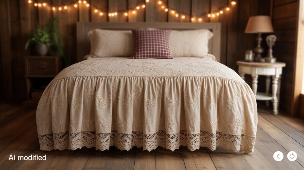 Linen and lace bedding on a rustic farmhouse bed, emphasizing cozy textures and vintage charm."