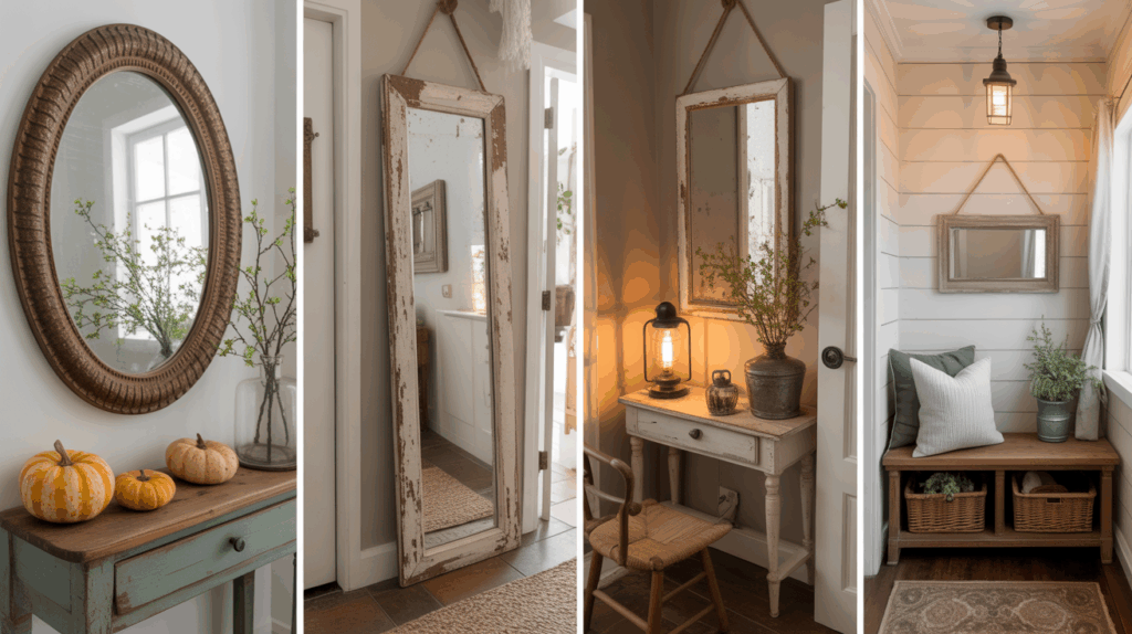 Collage of four farmhouse entryway vignettes showcasing elegant thrifted vintage mirrors. Each displays unique mirror styles: an oval wooden frame, a rectangular chippy painted piece, an intricate iron frame, and a quaint weathered square mirror. Scenes highlight rustic benches, vintage baskets, and soft morning light to emphasize cozy, small entryway styling with rustic charm