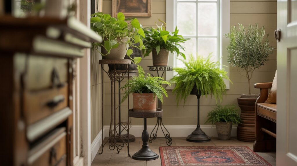 Farmhouse entryway featuring a rustic plant stand with vibrant greenery, enhancing the welcoming and natural aesthetic of the spac